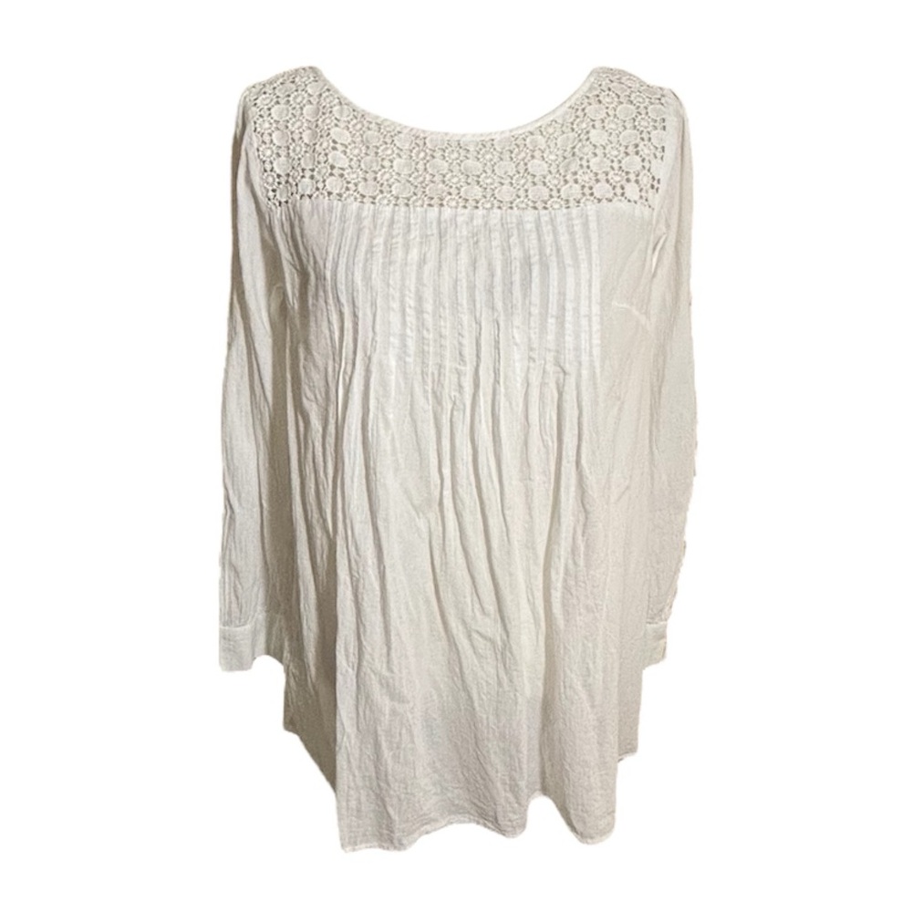Roberta Freymann White Lace Cotton Pintuck Tunic Top Roll Tab Sleeve Size Small